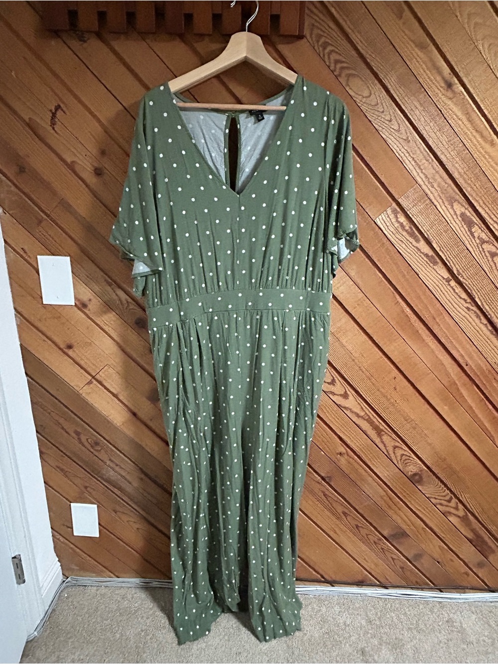 Olive Green Polka Dot V-Neck Maxi Jumpsuit